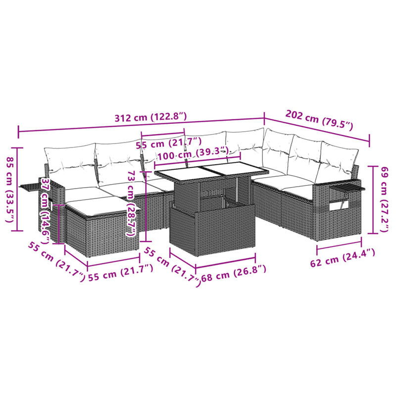 vidaXL 9 Piece Garden Sofa Set with Cushions Grey Poly Rattan