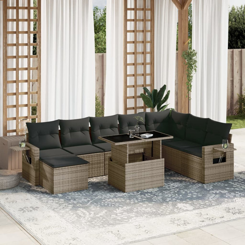 vidaXL 9 Piece Garden Sofa Set with Cushions Grey Poly Rattan