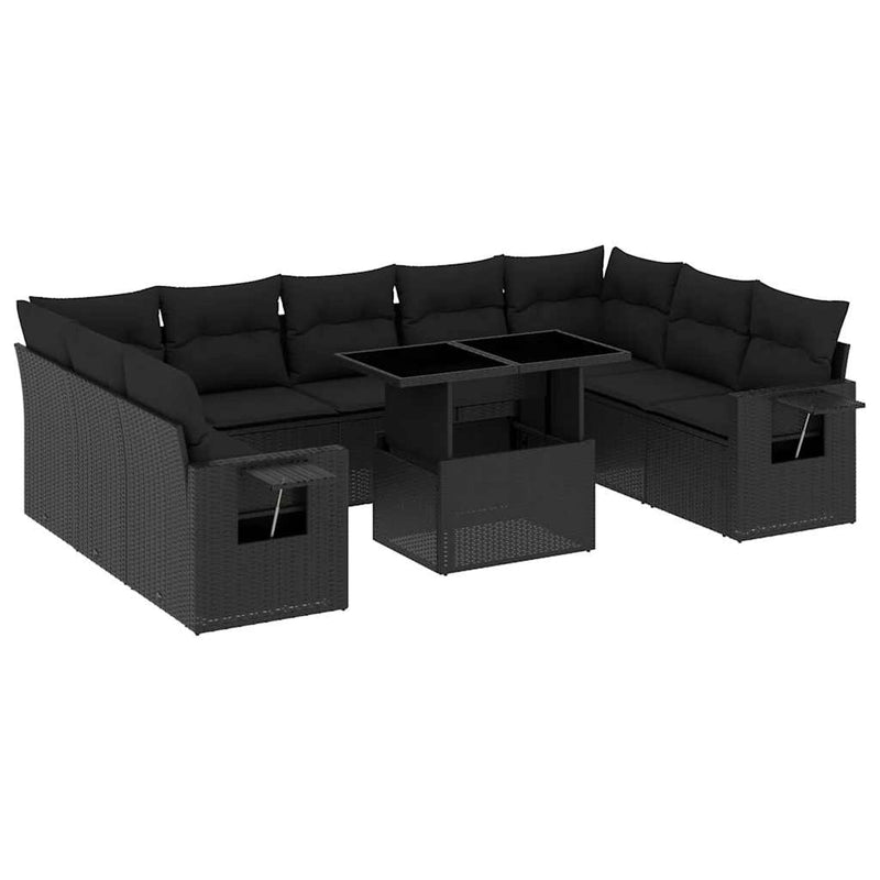 vidaXL 10 Piece Garden Sofa Set with Cushions Black Poly Rattan