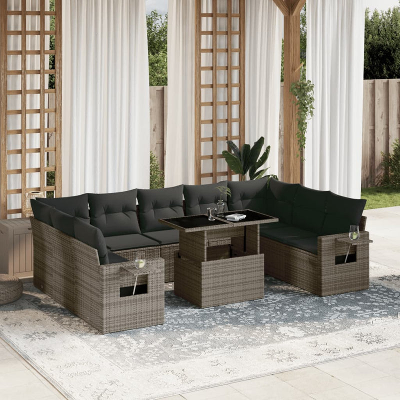 10 Piece Garden Sofa Set with Cushions Grey Poly Rattan