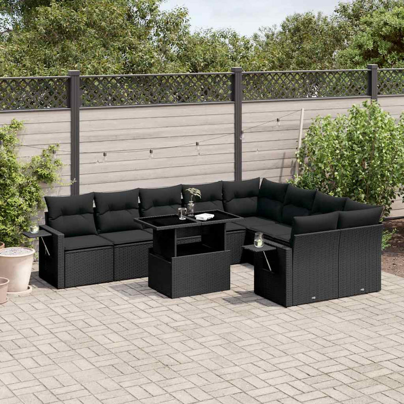 vidaXL 10 Piece Garden Sofa Set with Cushions Black Poly Rattan
