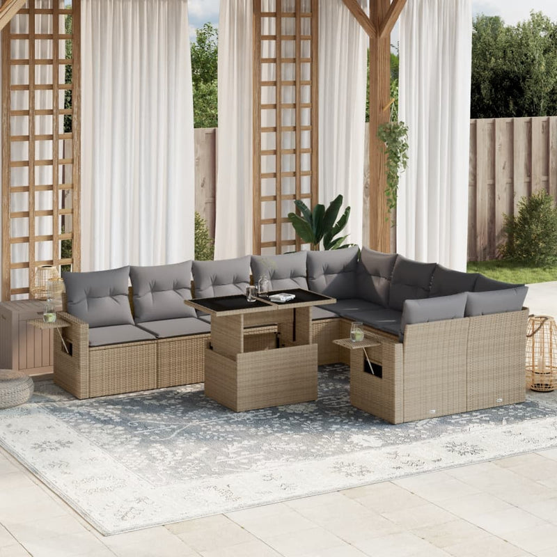 10 Piece Garden Sofa Set with Cushions Beige Poly Rattan