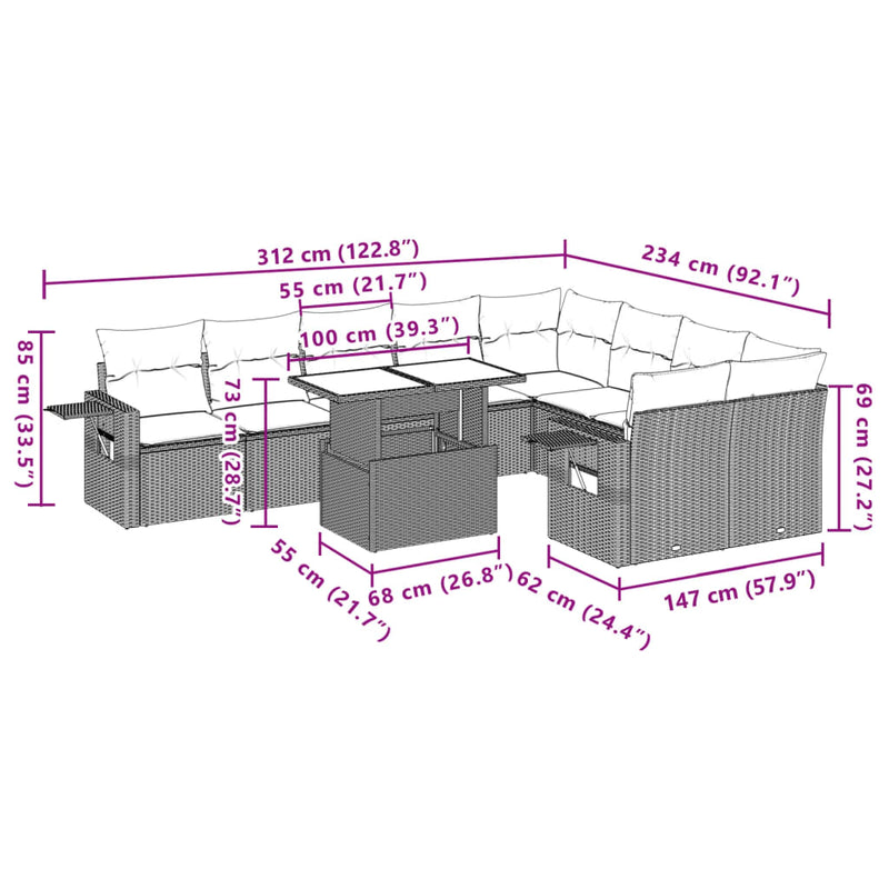 vidaXL 10 Piece Garden Sofa Set with Cushions Grey Poly Rattan