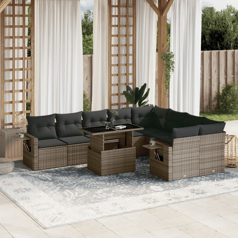vidaXL 10 Piece Garden Sofa Set with Cushions Grey Poly Rattan