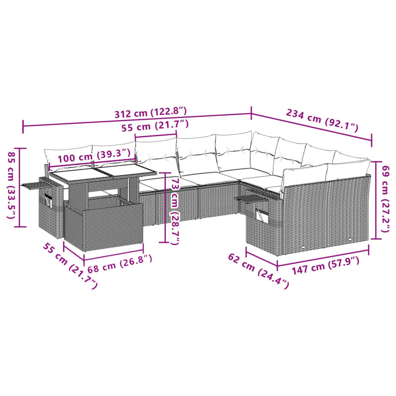 vidaXL 10 Piece Garden Sofa Set with Cushions Grey Poly Rattan