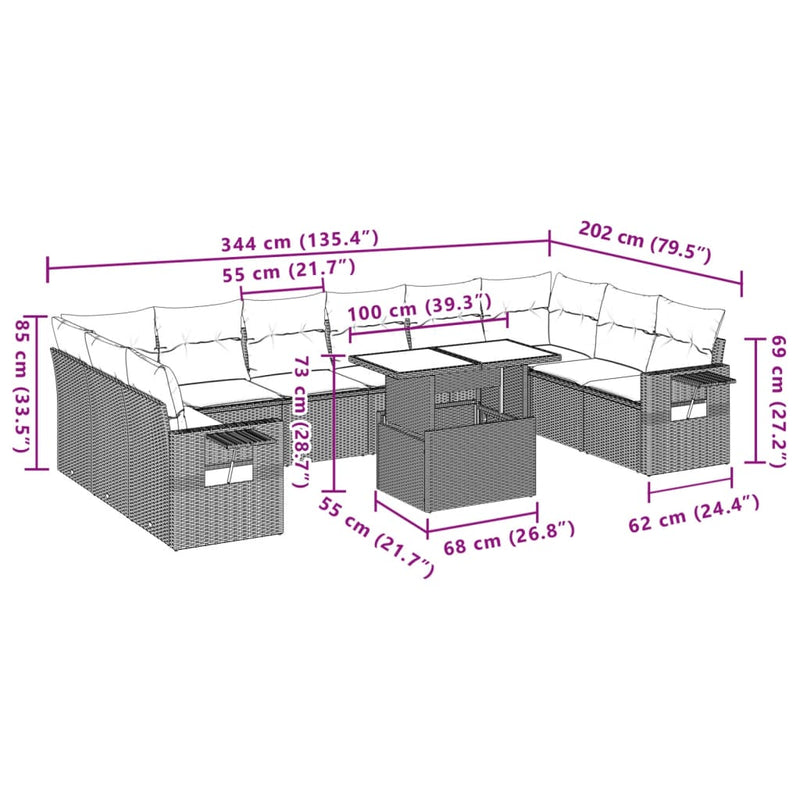 vidaXL 11 Piece Garden Sofa Set with Cushions Grey Poly Rattan
