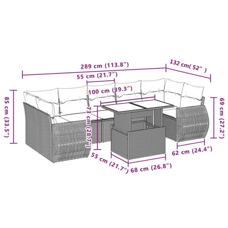 vidaXL 8 Piece Garden Sofa Set with Cushions Grey Poly Rattan