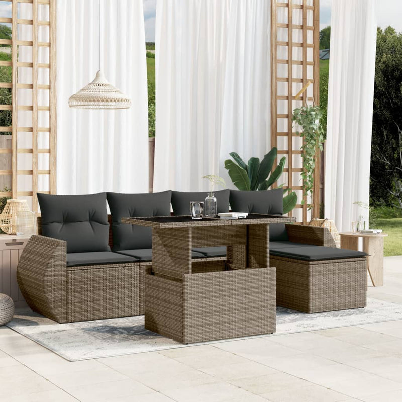 6 Piece Garden Sofa Set with Cushions Grey Poly Rattan