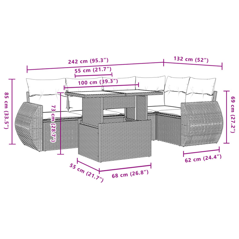vidaXL 6 Piece Garden Sofa Set with Cushions Grey Poly Rattan