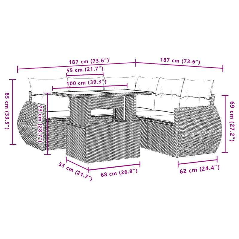 vidaXL 6 Piece Garden Sofa Set with Cushions Grey Poly Rattan