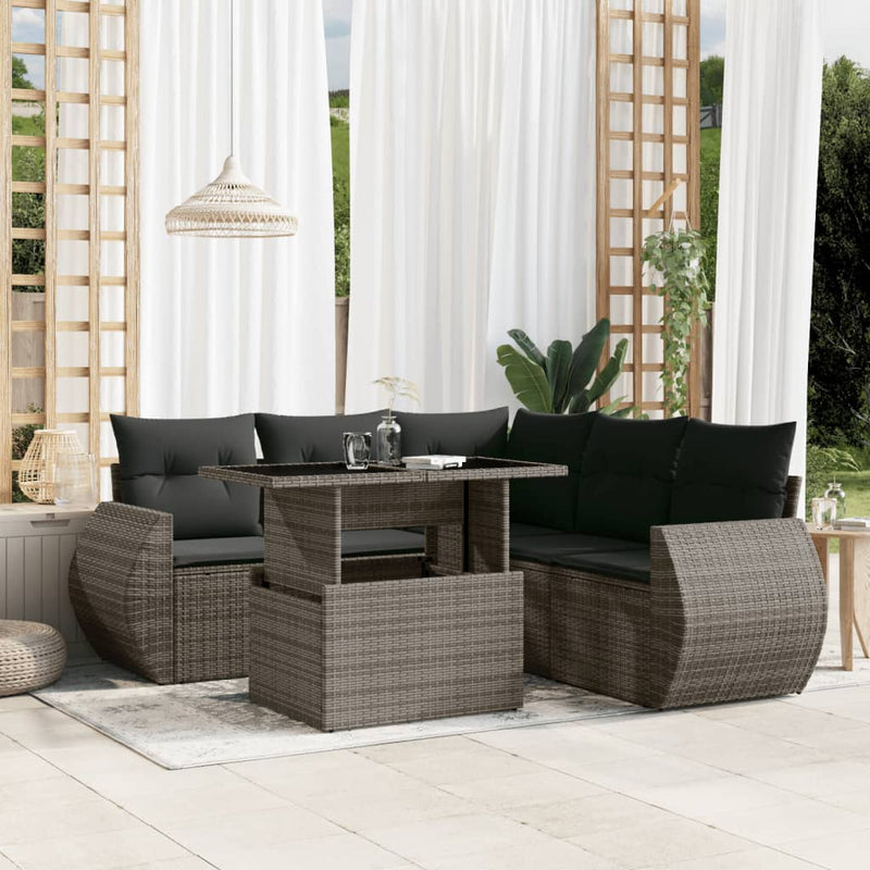 vidaXL 6 Piece Garden Sofa Set with Cushions Grey Poly Rattan