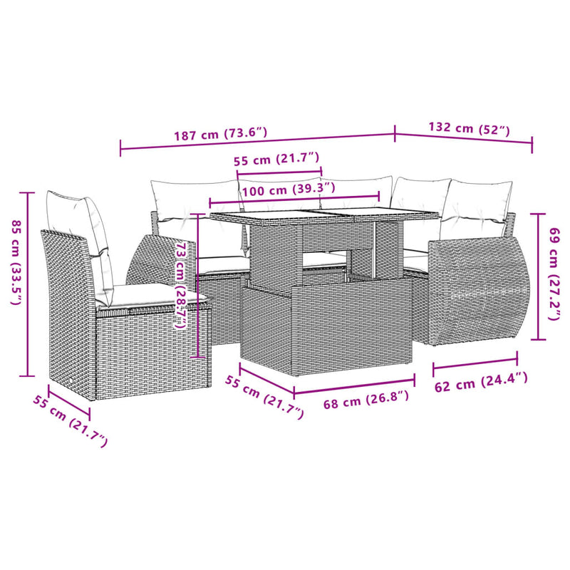 vidaXL 6 Piece Garden Sofa Set with Cushions Grey Poly Rattan