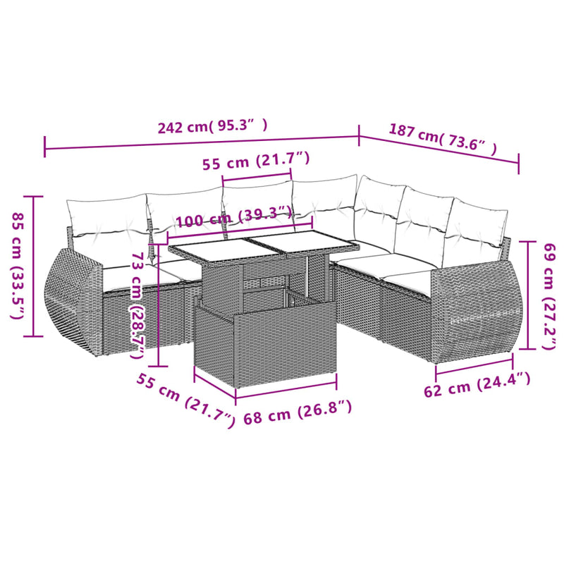 vidaXL 7 Piece Garden Sofa Set with Cushions Grey Poly Rattan