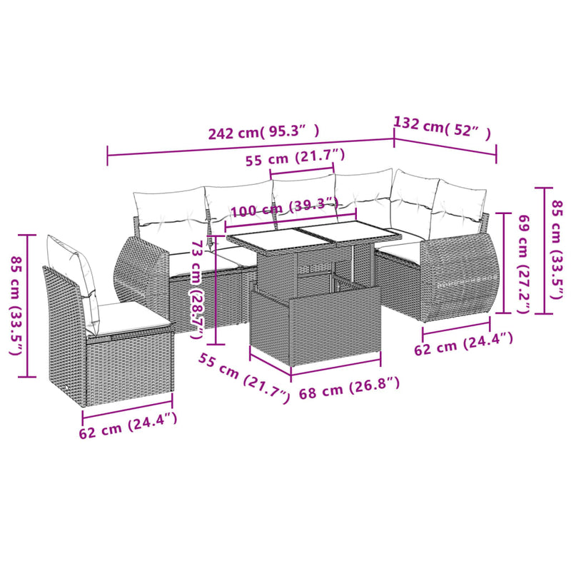 vidaXL 7 Piece Garden Sofa Set with Cushions Grey Poly Rattan