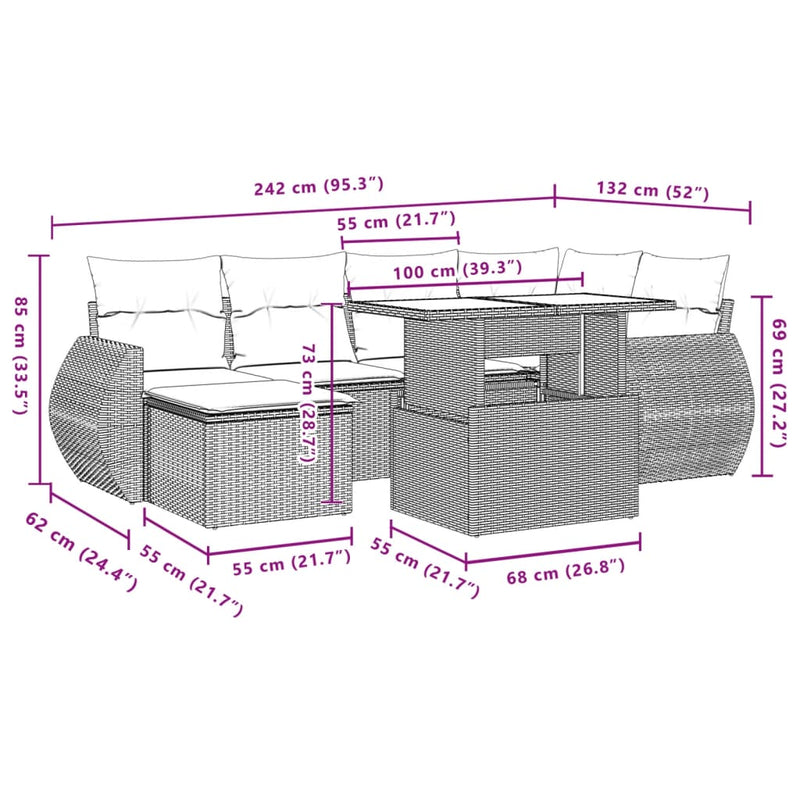 vidaXL 7 Piece Garden Sofa Set with Cushions Grey Poly Rattan
