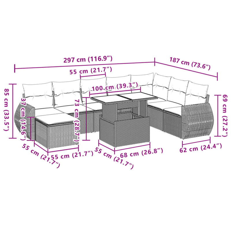vidaXL 9 Piece Garden Sofa Set with Cushions Grey Poly Rattan