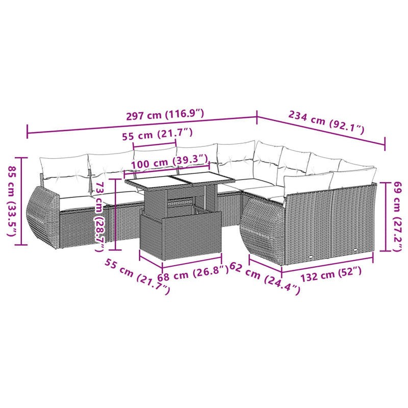 vidaXL 10 Piece Garden Sofa Set with Cushions Grey Poly Rattan