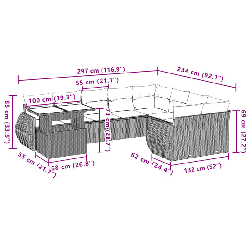 vidaXL 10 Piece Garden Sofa Set with Cushions Grey Poly Rattan