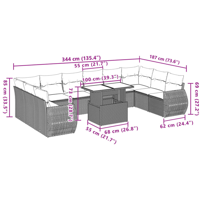 vidaXL 11 Piece Garden Sofa Set with Cushions Grey Poly Rattan
