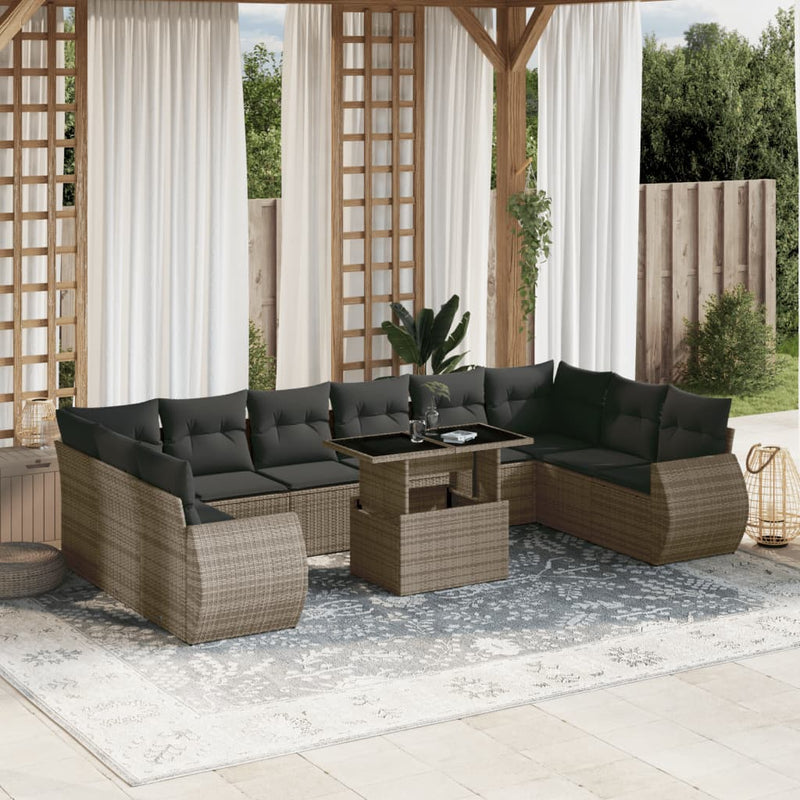 vidaXL 11 Piece Garden Sofa Set with Cushions Grey Poly Rattan