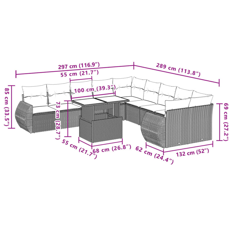 vidaXL 11 Piece Garden Sofa Set with Cushions Grey Poly Rattan