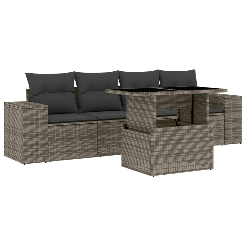 5 Piece Garden Sofa Set with Cushions Grey Poly Rattan