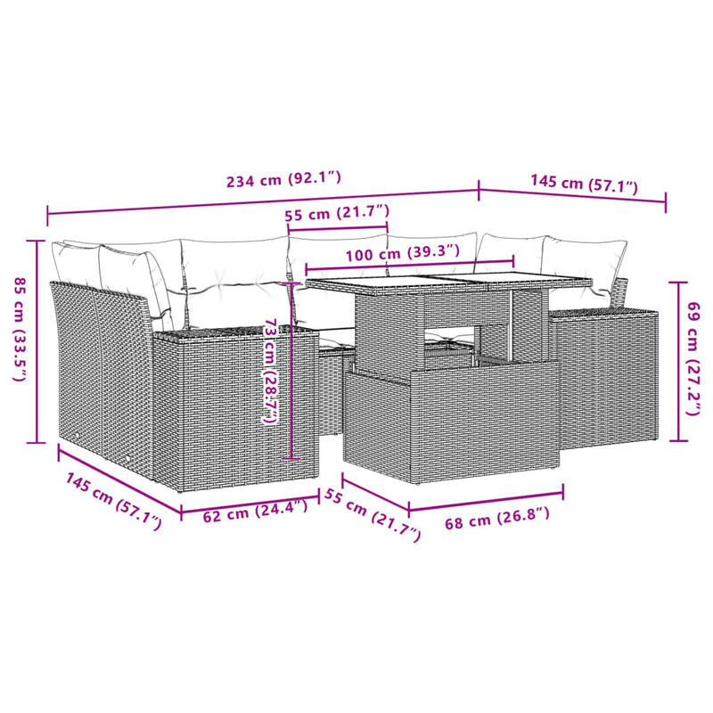 7 Piece Garden Sofa Set with Cushions Grey Poly Rattan