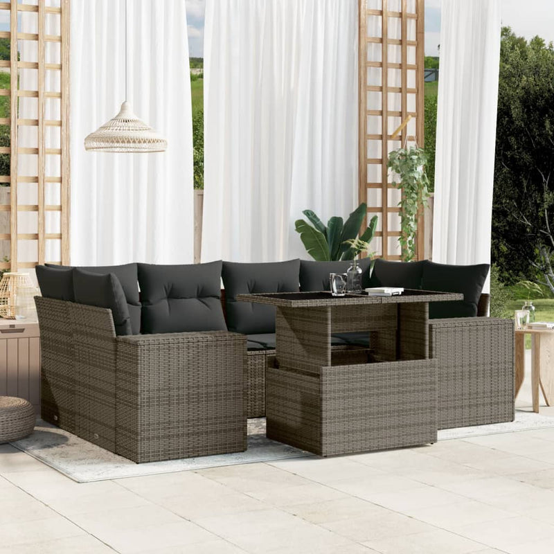 7 Piece Garden Sofa Set with Cushions Grey Poly Rattan