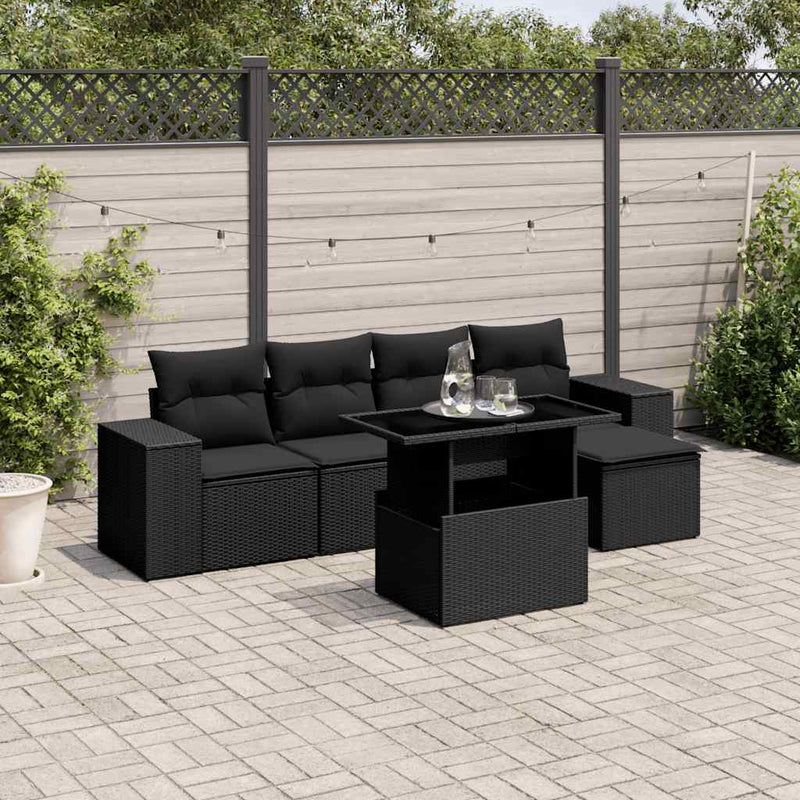 vidaXL 6 Piece Garden Sofa Set with Cushions Black Poly Rattan