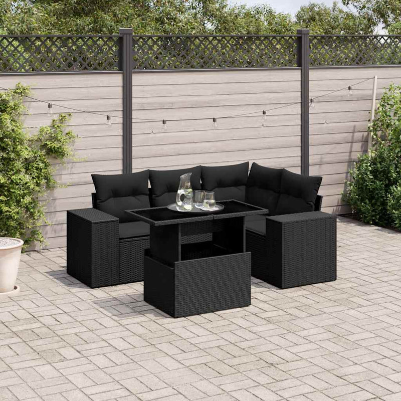 vidaXL 5 Piece Garden Sofa Set with Cushions Black Poly Rattan