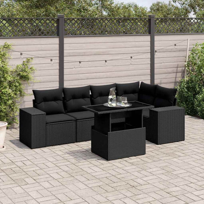 vidaXL 6 Piece Garden Sofa Set with Cushions Black Poly Rattan