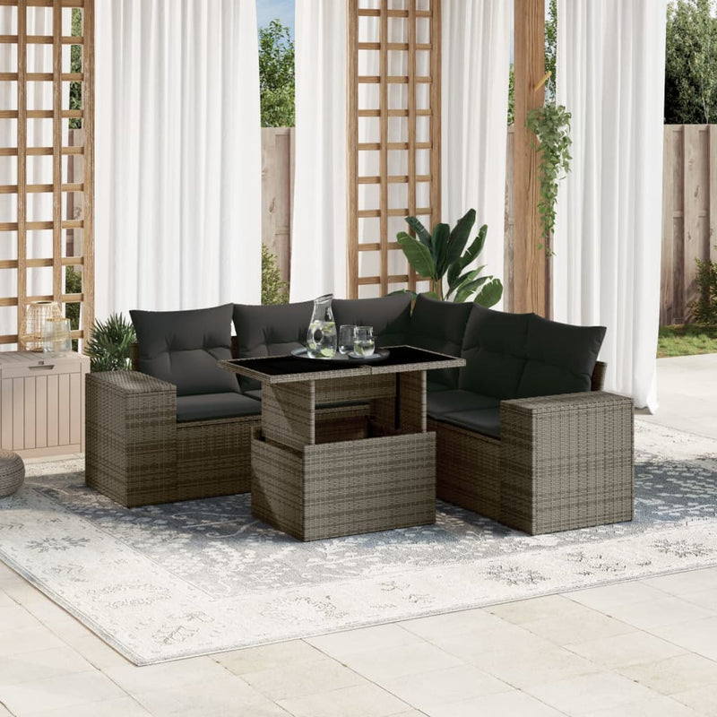 6 Piece Garden Sofa Set with Cushions Grey Poly Rattan