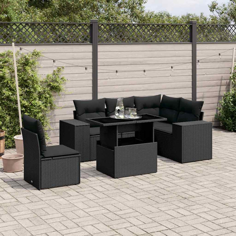 vidaXL 6 Piece Garden Sofa Set with Cushions Black Poly Rattan