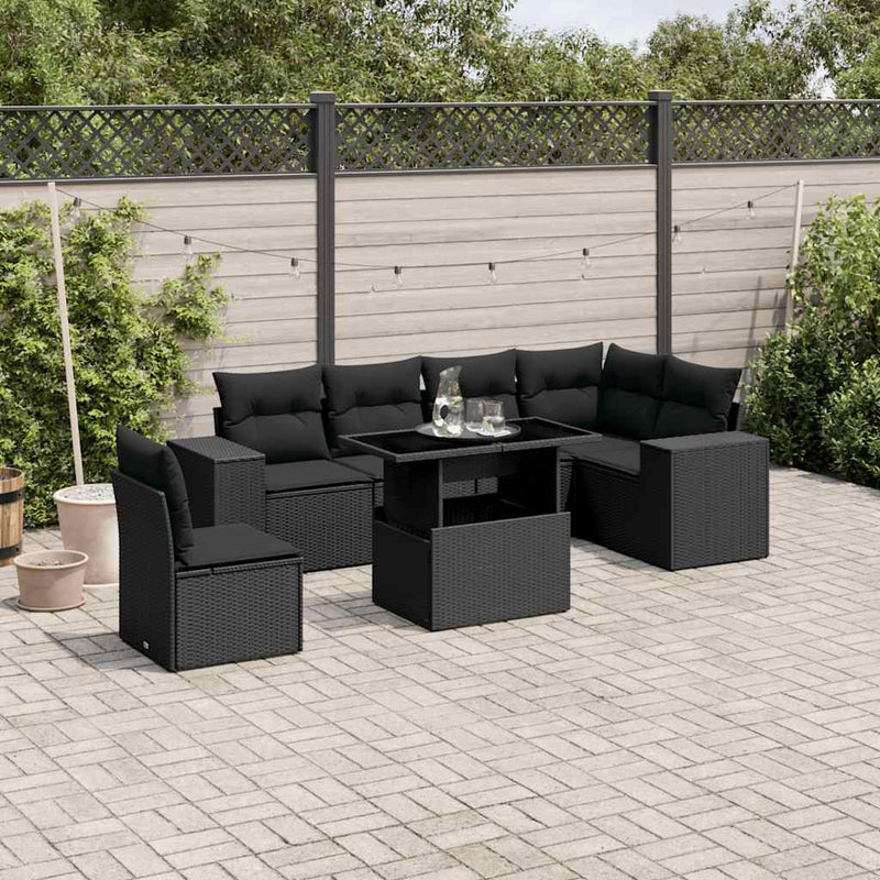 vidaXL 7 Piece Garden Sofa Set with Cushions Black Poly Rattan