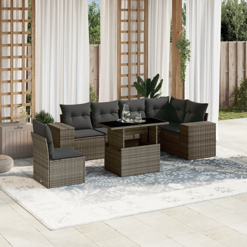 7 Piece Garden Sofa Set with Cushions Grey Poly Rattan