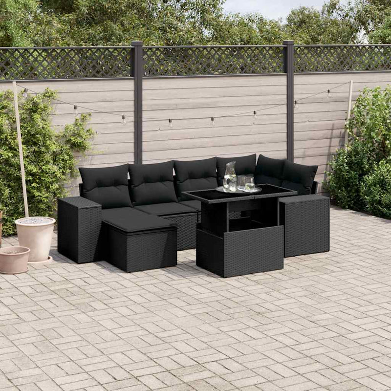 vidaXL 7 Piece Garden Sofa Set with Cushions Black Poly Rattan