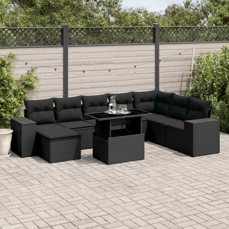 vidaXL 9 Piece Garden Sofa Set with Cushions Black Poly Rattan