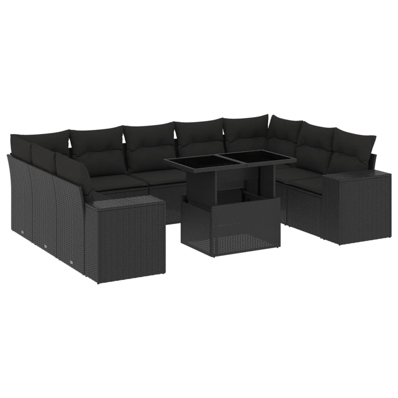 vidaXL 10 Piece Garden Sofa Set with Cushions Black Poly Rattan