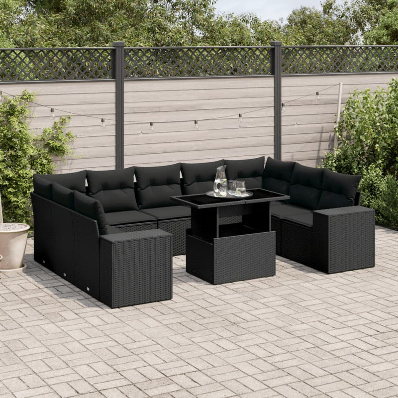 vidaXL 10 Piece Garden Sofa Set with Cushions Black Poly Rattan
