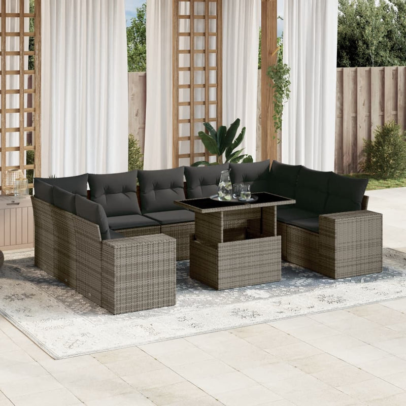 10 Piece Garden Sofa Set with Cushions Grey Poly Rattan