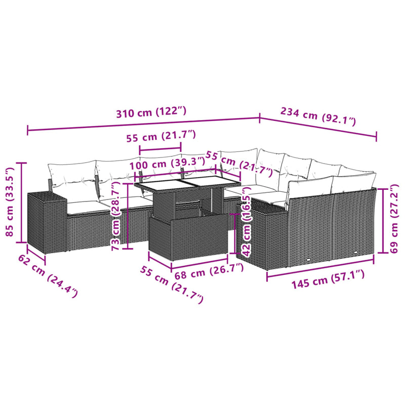 vidaXL 10 Piece Garden Sofa Set with Cushions Black Poly Rattan