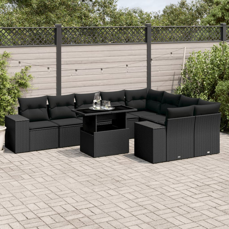 vidaXL 10 Piece Garden Sofa Set with Cushions Black Poly Rattan