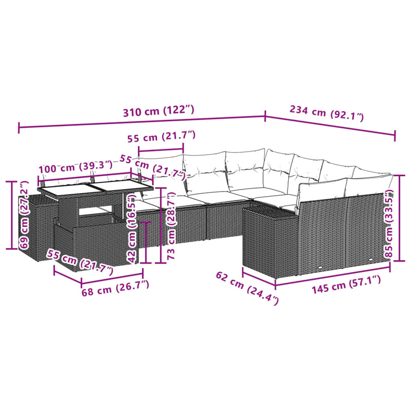 vidaXL 10 Piece Garden Sofa Set with Cushions Black Poly Rattan