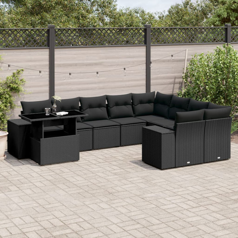 vidaXL 10 Piece Garden Sofa Set with Cushions Black Poly Rattan
