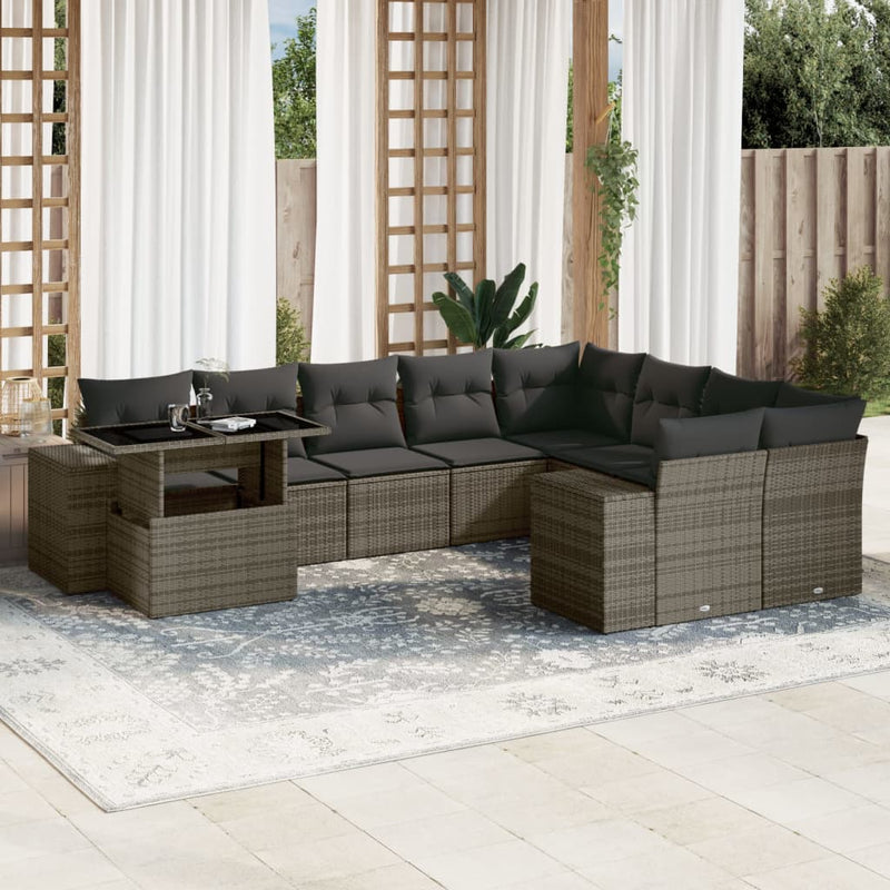 10 Piece Garden Sofa Set with Cushions Grey Poly Rattan