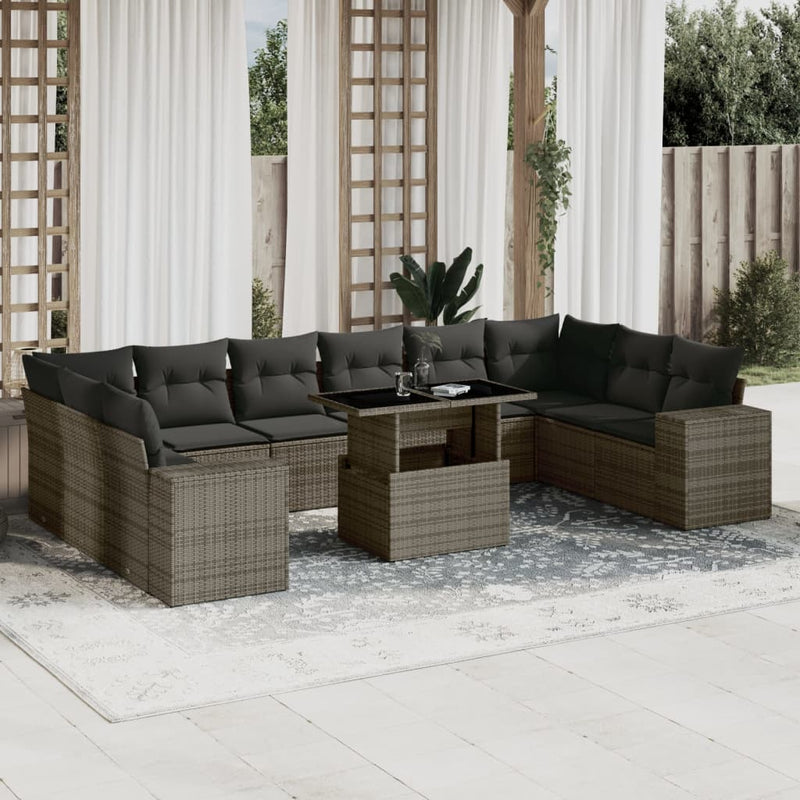 11 Piece Garden Sofa Set with Cushions Grey Poly Rattan