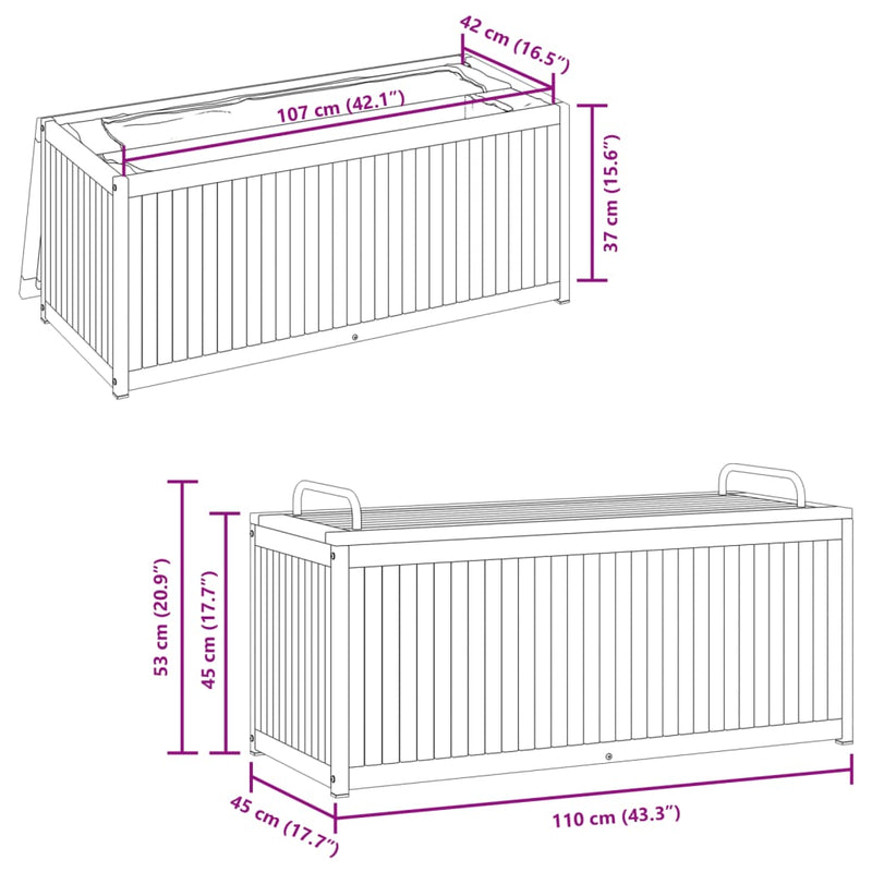 vidaXL Outdoor Cushion Box 110x45x42/53 cm Solid Wood Acacia and Steel