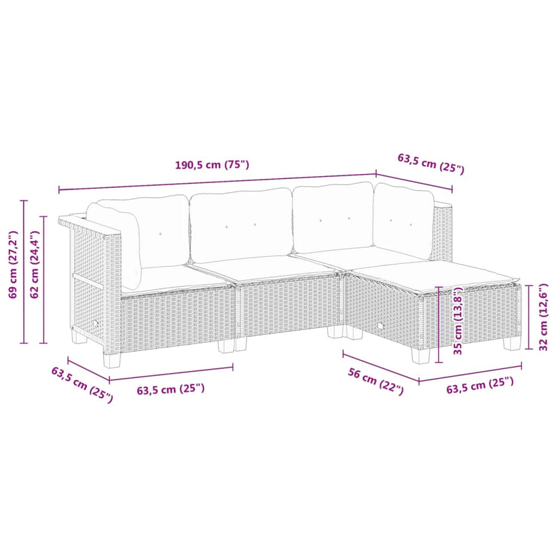 vidaXL 4 Piece Garden Sofa Set with Cushions Black Poly Rattan