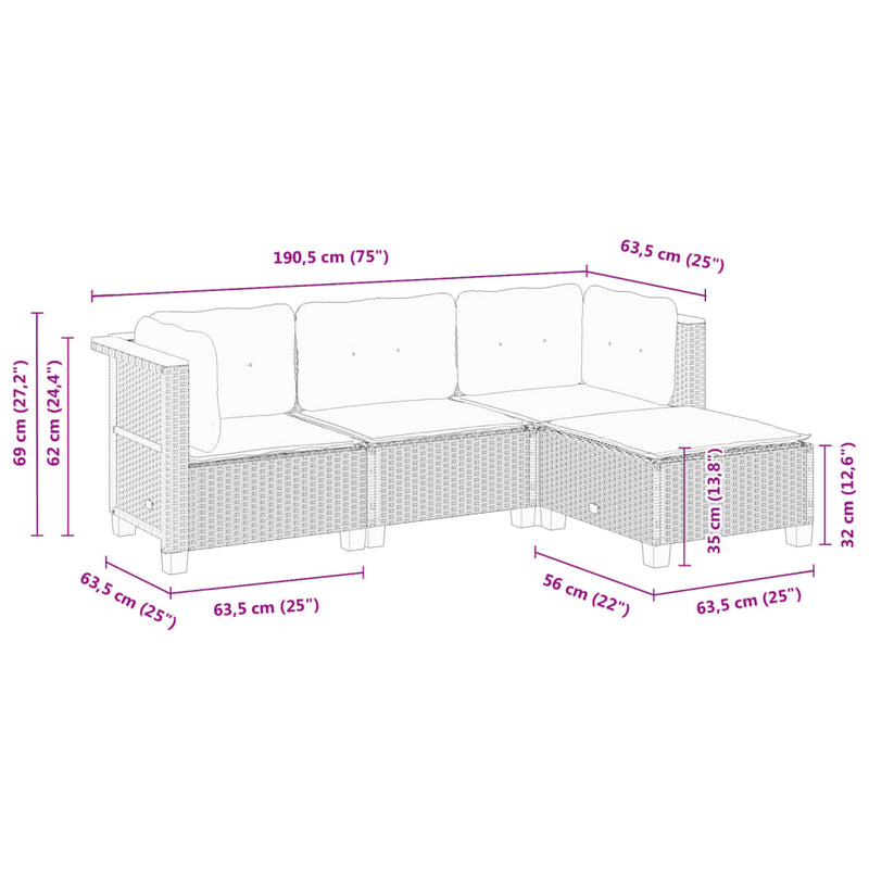 vidaXL 4 Piece Garden Sofa Set with Cushions Grey Poly Rattan