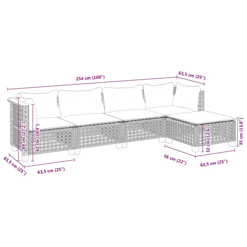 vidaXL 5 Piece Garden Sofa Set with Cushions Black Poly Rattan